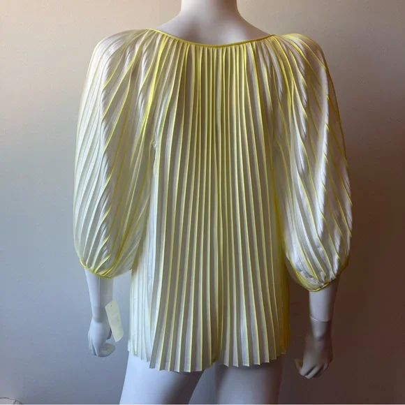 Diane Von Furstenberg Yellow and White “New Keoni” Pleated Peasant Top - Picture 6 of 7